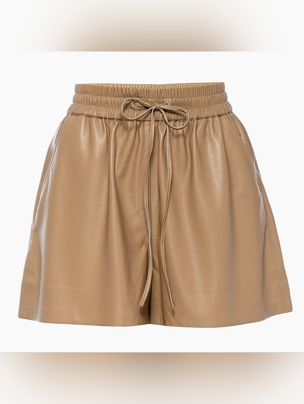 Good American High-Waist Drawstring Faux Leather Shorts in Camel